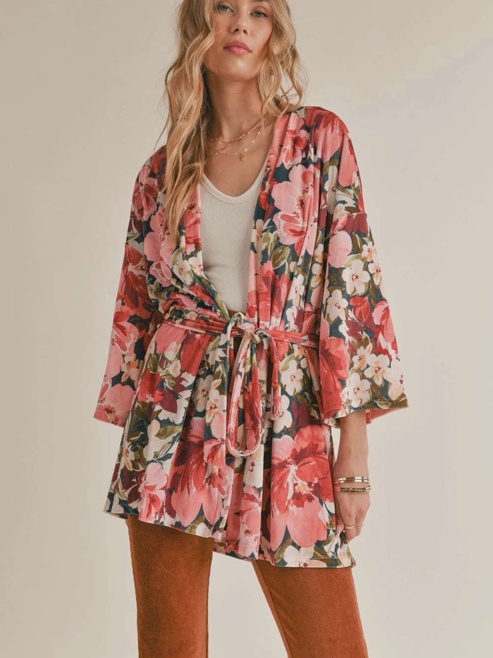 Sadie & Sage Pink and Red Floral Tie-Waist Kimono